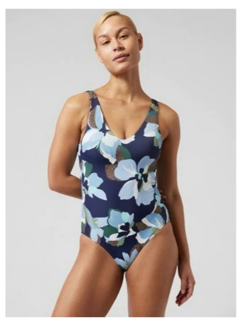 Athleta Seychelles Navy Floral V-Neck One-Piece Swimsuit
